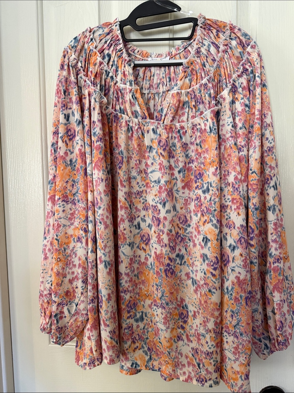Floral Peasant Tunic Blouse in Peach & Purple